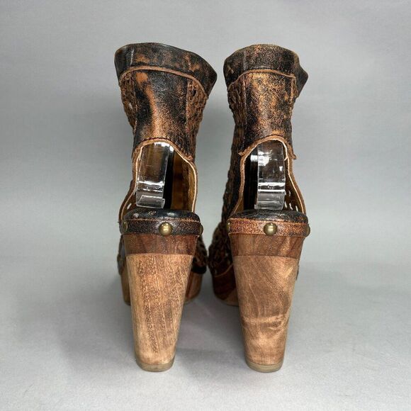 Sbicca Women's Size 7 Brown Woven Leather Front Zip Block Heeled Ankle Booties - Picture 5 of 11